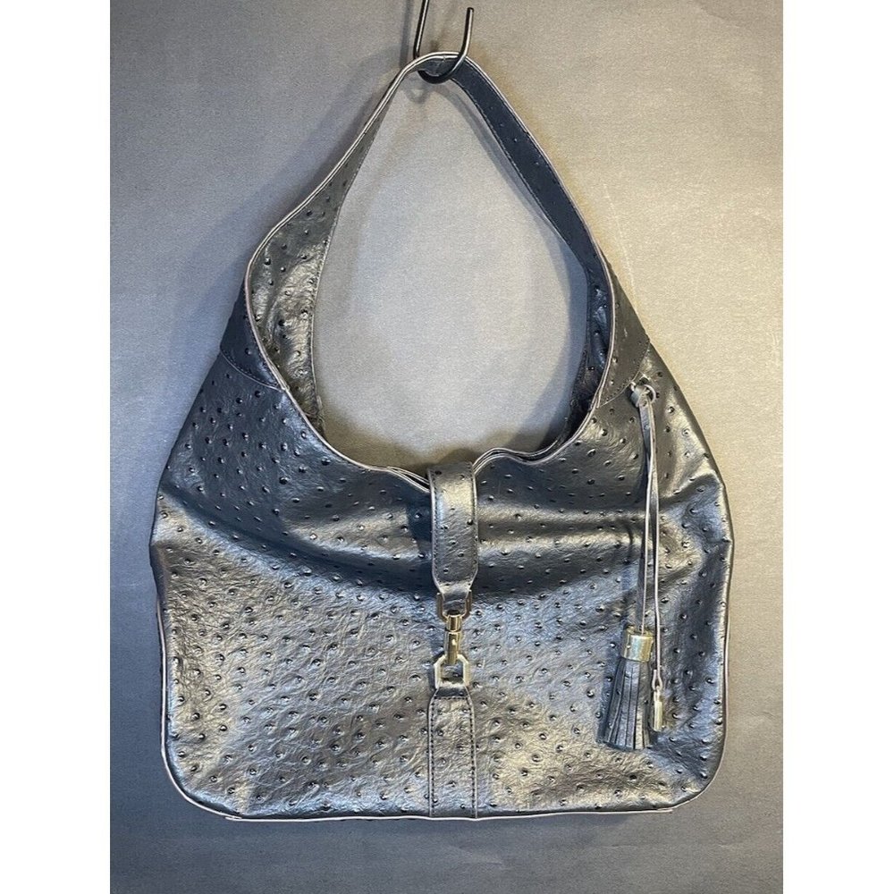GILI Hobo Handbag Genuine Black Leather Ostrich Embossed Shoulder Bag Purse